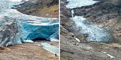 two pictures side by side one shows a glacier and the other shows an ice cave