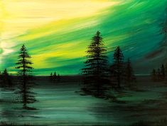 a painting of trees in the distance with a green and yellow sky behind them,