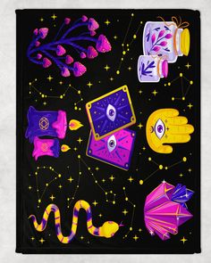 an image of a scarf with different items on it and stars in the night sky