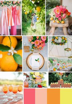 an orange and pink wedding color scheme with peaches, lemons, roses, and greenery