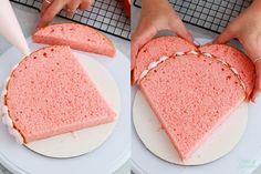 two heart shaped cakes are being cut into pieces by someone using a knife and fork