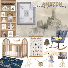 a baby's nursery room with toys, bookshelves and pictures on the wall