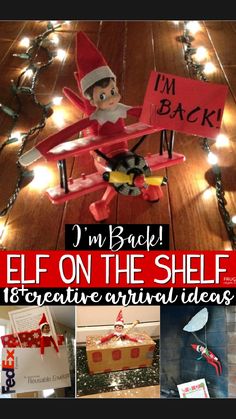 an elf on the shelf is surrounded by christmas lights and cards with words that say i'm back