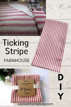 the instructions for how to make a ticking stripe dish towel and placemat in this diy project