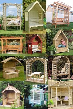 several different types of wooden garden furniture in various styles and sizes, including gazebo