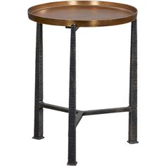 a metal and wood side table with an iron frame on the top, against a white background