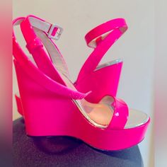 Like New, Worn Twice, Giuseppe Zanotti Neon Pink Wedges In Size 37. Us 7 Original Price $790 Platform Height Is 2”, Total Heel Height Is 5” Bold Evening Heels With Round Toe, Hot Pink Wedges, Pink Wedge Heels, Outfits For Different Occasions, Pink Wedges, Zanotti Shoes, Giuseppe Zanotti Shoes, Wedges Heels, Different Outfits