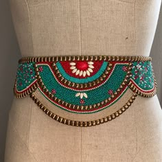 This Beaded Waist Belt Is Brand New With Tags And Never Worn! The Belt Features Impeccable Beating That Is Blue And Red In Color With Gold Accents. The Way You Spell Itself Has Two Adjustable Options. My Waist Fluctuates Between 26 And 28 Inches And This Belt It’s Fine On The Tightest Option. Beaded Leather Belts Native American, Fabric Belt Design, Native Bead Necklace, Waist Beads Ideas, Mermaid Belt, Beaded Waist Belt, Beaded Belts Patterns, Aesthetic Crafts, Textiles Ideas