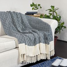 a couch with a blanket on it next to a potted plant