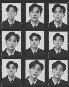 nine black and white photos of young men in suits with different expressions on their faces