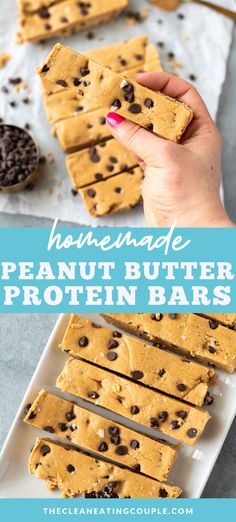 chocolate chip peanut butter protein bars on a white plate with text overlay that reads homemade peanut butter protein bars