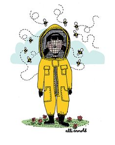 a drawing of a man in a yellow rain suit with bees flying around his head