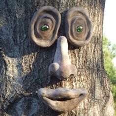 a tree with a face carved into it's trunk and eyes painted on the bark