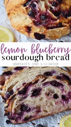 lemon blueberry sourdough bread is cut in half