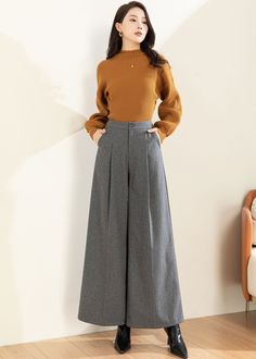 "★★ Welcome to Ylistyle Handmade shop ★★ FEATURES Wool blend, fiber, nylon Polyester lining Side pockets Front zipper and button closure Regular fit Ankle length The belt is not sale item Perfect for winter, spring, autumn Dry clean ★★ The model's height approx 170 cm (5′ 7″) with the 84 cm (33\") bust, 66 cm (26\") waist. She is wearing in the size XS. ★★ Get your size in Size Chart with your body measurement https://www.etsy.com/listing/794055682 ★★ Warmly Note: 1 ) : Loose hips design will sh Wide Leg Wool Pants, Handmade Pants, Body Measurement, Winter Pants, Gray Pants, Womens Trousers, Womens Pants, Wool Pants, Grey Pants