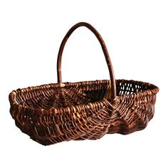 two wicker baskets sitting side by side on a white background, one is empty and the other has a handle