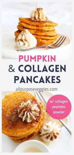 pumpkin and collagen pancakes with whipped cream on top are the perfect fall dessert