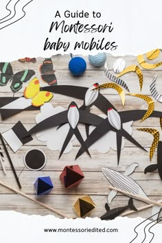 A photo of all seven Montessori Baby mobiles in a flat lay style. Montessori Mobiles By Age, Diy Nursery Mobile How To Make, Mobile Bebe Diy, Mobile Baby Diy, Diy Crib Mobile