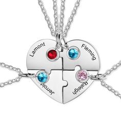 Features of BFF Heart Shape Friendship Necklace for 4: Handmade with the best quality stainless steel, the necklace is quite durable and promises to last long Comes with 4 different chains and pendants so that you can give the rest 3  chains to your friends for wearing It has a customization option where you can include four of your friends' names along with birthstones The stunning link chain design makes the necklace a perfect accessory option that goes perfectly with every occasion The crafts Puzzle Necklace, Family Puzzle, Bff Necklace, Friendship Day Gifts, Friendship Necklace, Bff Necklaces, Family Necklace, Friendship Necklaces, Stylish Necklace