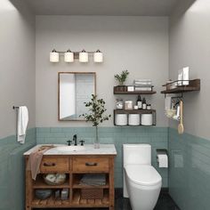 a white toilet sitting next to a wooden cabinet in a bathroom under a mirror above a sink