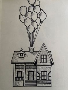 a drawing of a house with balloons floating over it