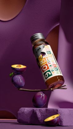 a jar of food sitting on top of a purple object