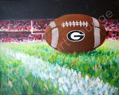 a painting of a football sitting on top of a field