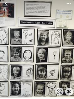 black and white photo of children's self portraits on display