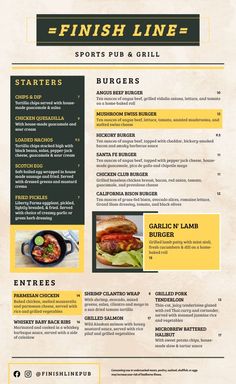 a menu for a restaurant with different food items on the front and back pages, including burger