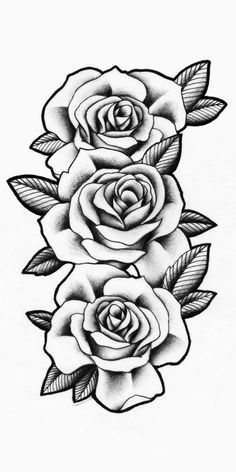 three roses with leaves tattoo design