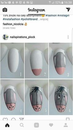 Drawing On Nails Step By Step, Eeyore Nails Acrylic, Disney Nails Step By Step, Eeyore Nail Designs, Diy Nail Art Step By Step, How To Draw On Nails Step By Step, Eeyore Nail Art, Cartoon Nail Designs Step By Step, Cartoon Nail Art Step By Step