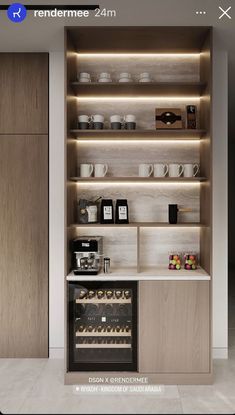 an appliance in a kitchen with coffee and tea on the counter, next to a built - in wine cooler