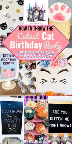 various photos from a cat birthday party Cat Themed Birthday Party Decorations Diy, Party Animal Themed Birthday Party, Kitty Cat Cupcakes Ideas, Cat Themed 3rd Birthday Party, Adopt A Cat Party, Cat Birthday Party Activities, Cat Theme Party Games, Girls Cat Birthday Party, Kitty Theme Ideas