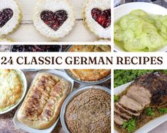 four different pictures with the words 24 classic german recipes on them, including meat and vegetables