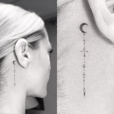 a woman's left side behind the ear has a cross and moon tattoo on it