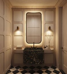 a bathroom with black and white checkered flooring next to a large mirror on the wall