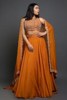 Buy Orange Raw Silk Embroidered Floral Motifs Round Flared Lehenga Set For Women by Shahmeen Husain Online at Aza Fashions. Simple Lehenga Designs, Orange Skirt Outfit, Flared Lehenga, Sheer Dupatta, Orange Lehenga, Haldi Outfits, Sangeet Outfit, Simple Lehenga, Raw Silk Lehenga