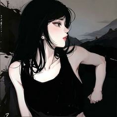 a painting of a woman with long black hair wearing a black dress and looking off into the distance