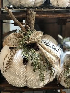 some white pumpkins are wrapped in burlock and tied with twine