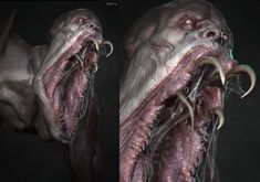 two images of an alien creature with sharp teeth