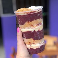 a hand holding up a cup filled with ice cream and toppings on top of it