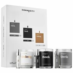 Commodity Exploration Kit Brand New in Box Commodity 3x3 Exploration Kit Commodity is a fragrance company that somehow strikes a balance between elegant, casual, and approachable. I just love them. All of the brand's fragrances are inspired by things that surround us everyday — book, Orris, Oolong. But instead of being literal one-note scents, the pros behind this brand created imaginative interpretations of them. Even better, the products are unisex! The Commodity 3x3 Exploration Kit features three of the company line's hits, including Orris, Book, and Oolong. It offers a sample vial plus a matching candle, so he or she, and his/her apartment, can smell amazing. A global darling, original Commodity Products are rare and hard to find. Best Gifts Under 50, Earthy Scent, Brand Book, Book Candle, Oolong Tea, Floral Scent, Holiday Gift Guide, Helping People, Gift Guide