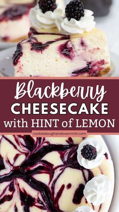 blackberry cheesecake with hint of lemon on top is shown in the foreground and below