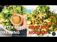 two pictures show different types of salads and dressings, one is made with nutty miso and the other has noodle