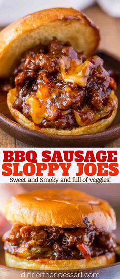 bbq sausage sloppy joes recipe is shown in two different pictures, with the title above it