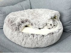 a cat is curled up in a fluffy bed on a gray couch with white pillows