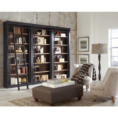 a living room filled with furniture and a book case