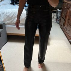 Worn Once, Stretch Vegan Leather Full-length Leather Pants For Night Out, Full Length Leather Pants For Night Out, Leather High-waisted Party Pants, Party Leather Pants With Belt Loops And Straight Leg, Aritzia Pants, Aritzia Wilfred, Jumpsuit Trousers, Faux Leather Pants, Pants Color