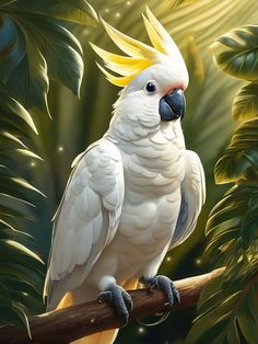 a painting of a white parrot perched on a branch in front of some tropical leaves