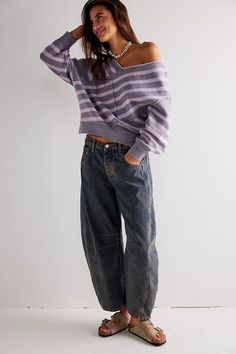 We The Free Good Luck Mid-Rise Barrel Jeans | Free People Barrel Jeans, Spring Denim, Baggy Style, All Jeans, Denim Trends, Free People Jeans, Stripe Sweater, Jean Outfits, Boho Outfits